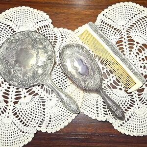 3-Piece Silver Plated Vanity Set (Mirror, Brush, Comb)